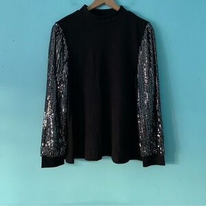 SHEIN Black Knit Ribbed Mock Sequin Long Sleeve Blouse Curve 1XL Party Holiday